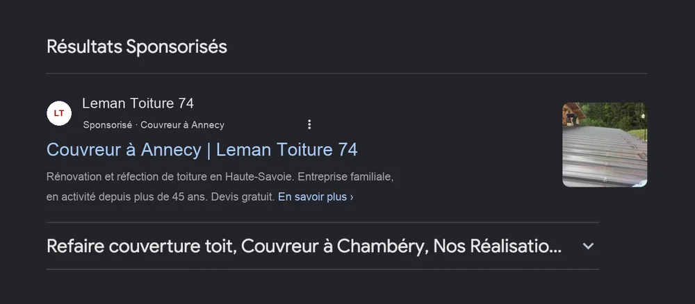 Même recherche : Leman Toiture 74 aussi dans les annonces Google Ads