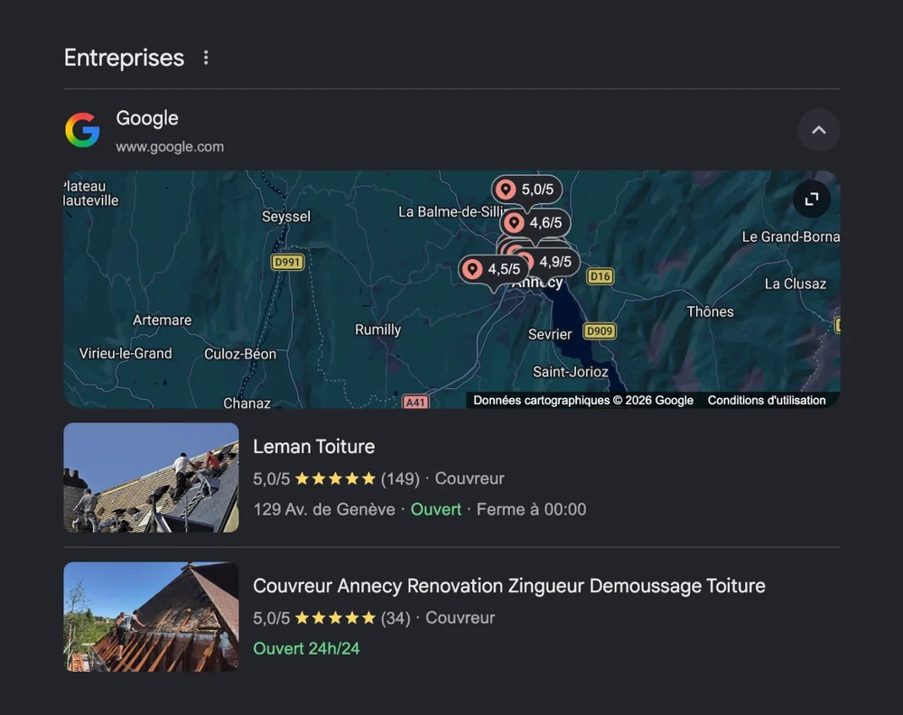 Même recherche : la carte et les fiches Google des entreprises
