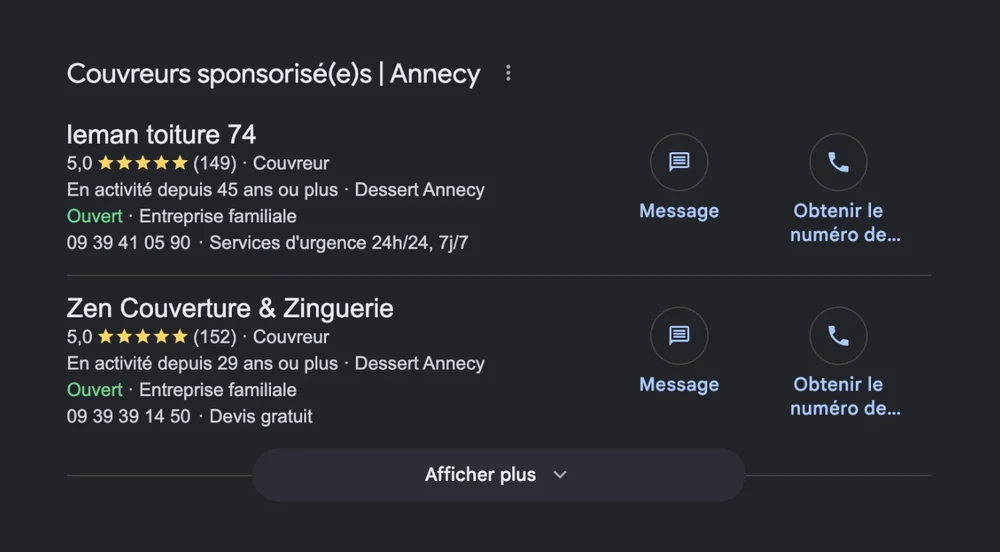 Vraie recherche Google « rénovation toiture annecy » : le bloc LSA tout en haut