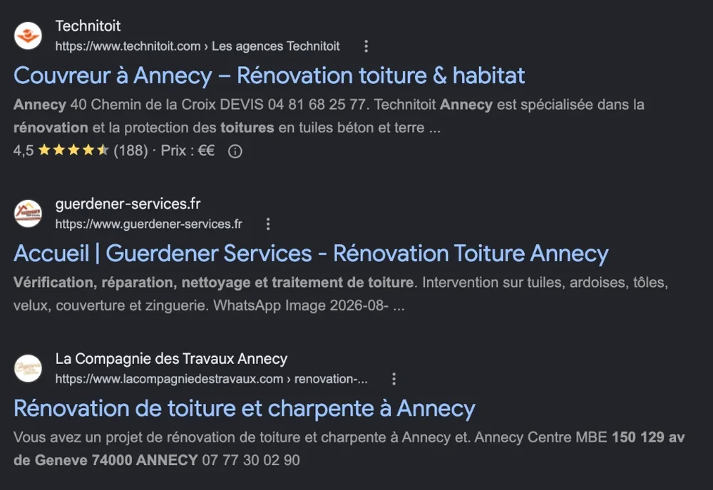 Même recherche : les premiers sites internet n'arrivent qu'après le LSA, les annonces et la carte