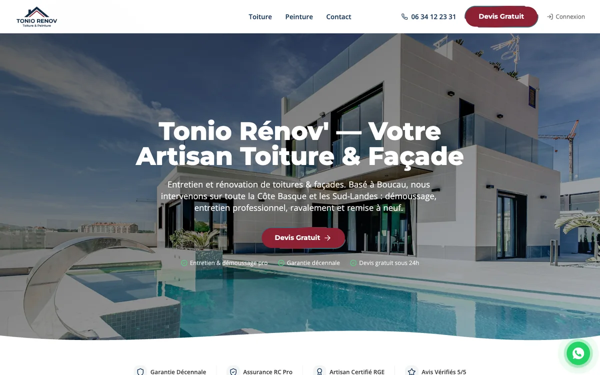 Site de Tonio Rénov', toiture et façade à Boucau
