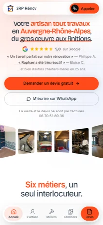 Le même site sur téléphone : bouton Appeler en haut et barre de navigation fixe en bas
