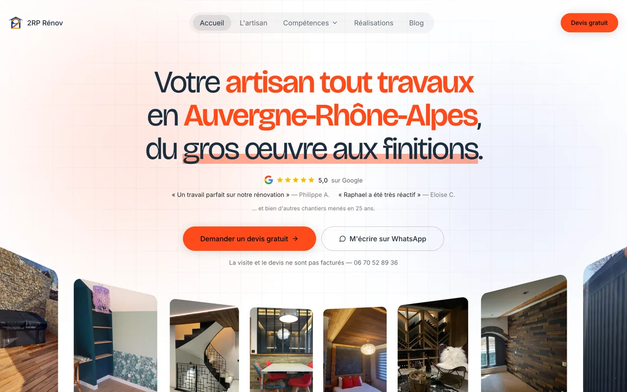 Haut de page du site de 2RP Rénov : menu des prestations, titre, note Google, bouton de devis, bouton WhatsApp, numéro de téléphone et photos de chantiers